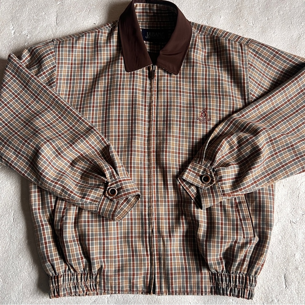 Jabang Large Plaid Jacket-Brown&Grey Check Embroidered Logo South Korean Fashion